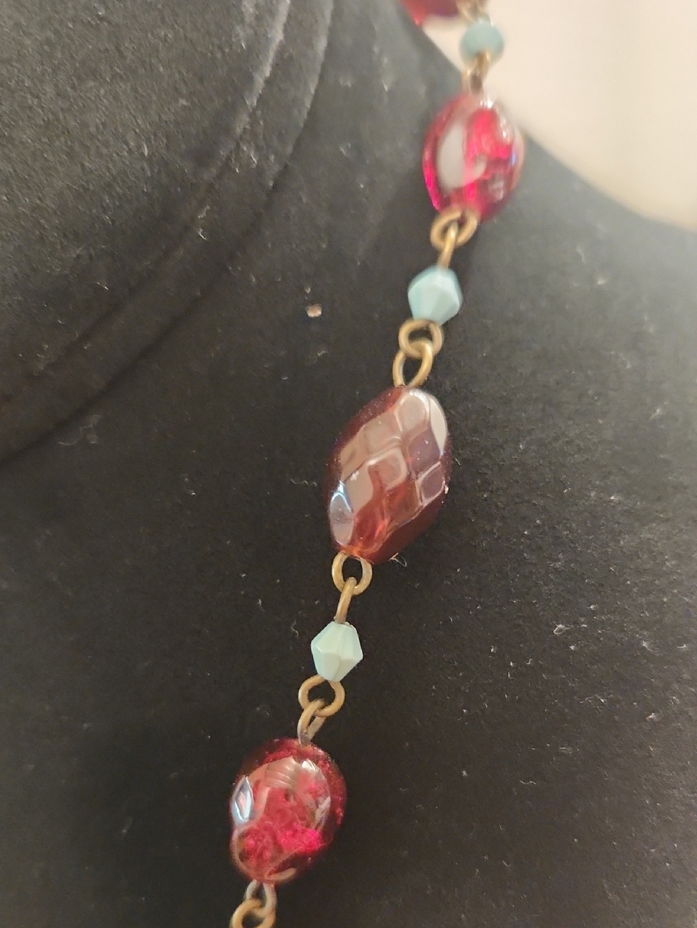 Vintage-Inspired Garnet Red and Turquoise Glass Bead Necklace - Picture 3 of 6